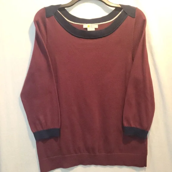 Boden Sweater Cotton Maroon Navy Ribbed Trim Boatneck Pullover 3/4 Slv Womens LG - Picture 2 of 8